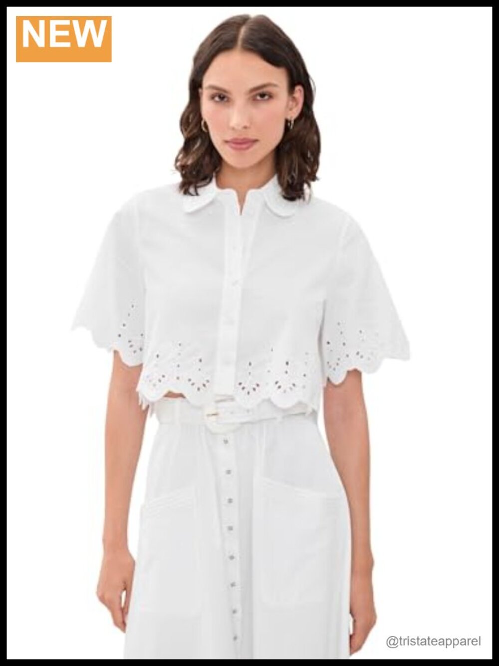 Women's Crop Button Down Shirt Embroidered Eyelet